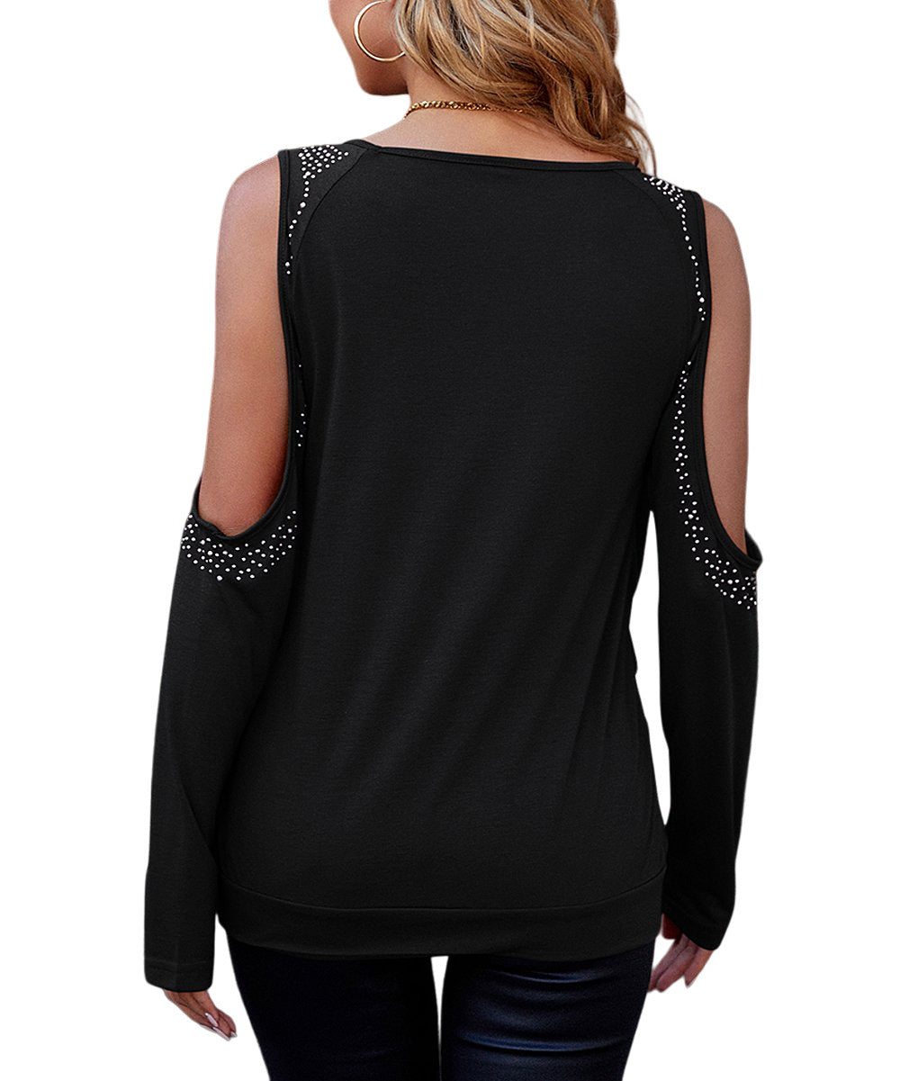 Camisa Black Rhinestone Accent Layered Drape Front Cutout Top Size M