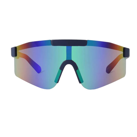 Men's Matte Plastic Blade Shield Sunglasses with Blue/Green Lenses  All in Moti