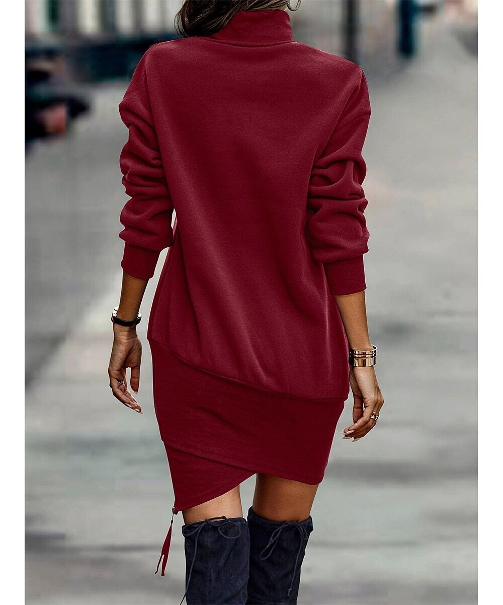 ZOWODO Wine Red Turtleneck Tulip-Hem Sweatshirt Dress Women size  M