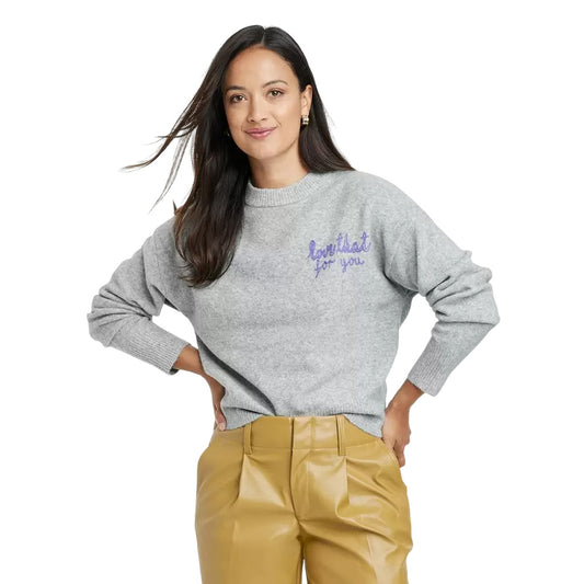 Women's Crewneck Slogan Sweater - A New Day Heather Gray L