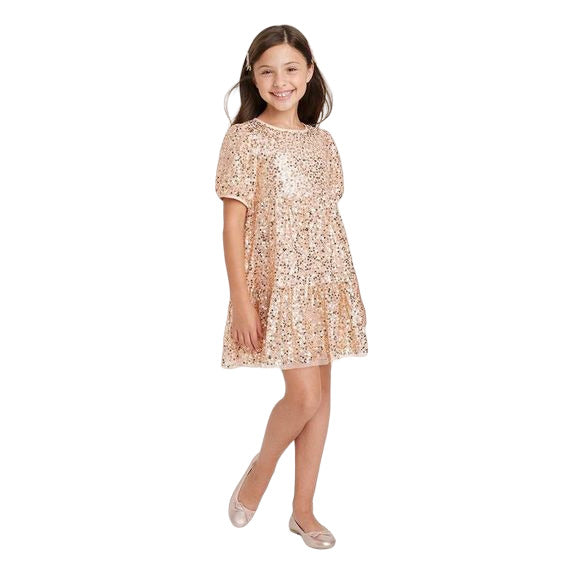 Girls Sequin Puff Sleeve Dress  Cat & Jack Gold Size L