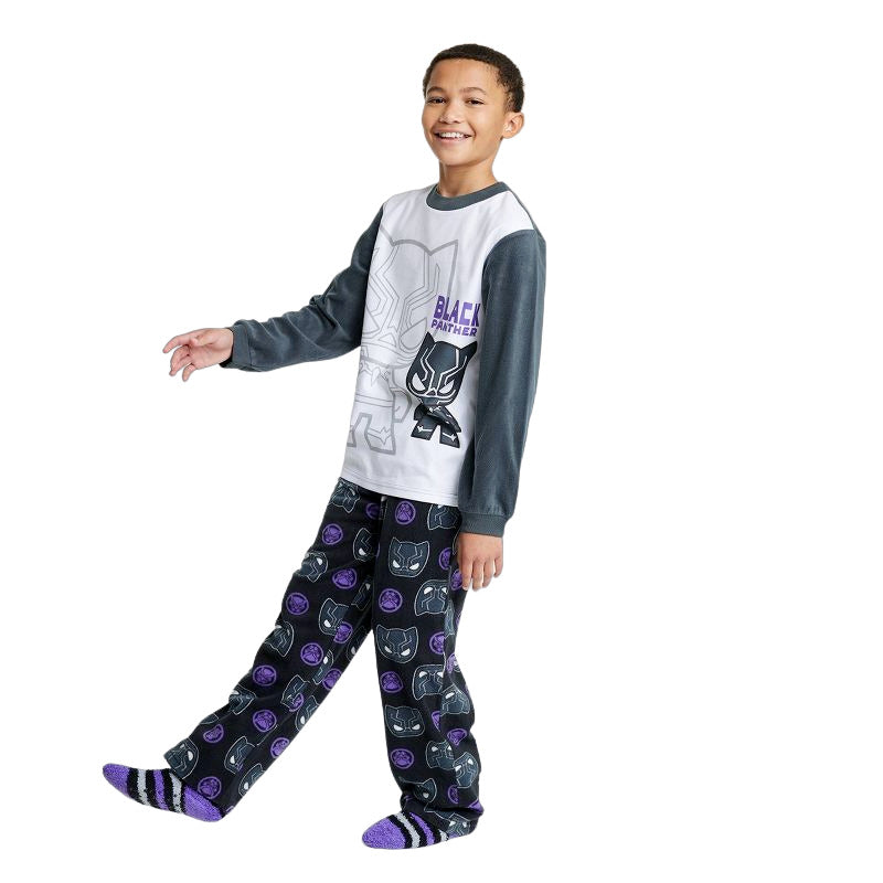 Boys Marvel Black Panther Pajama Set with Cozy Socks Gray Size S