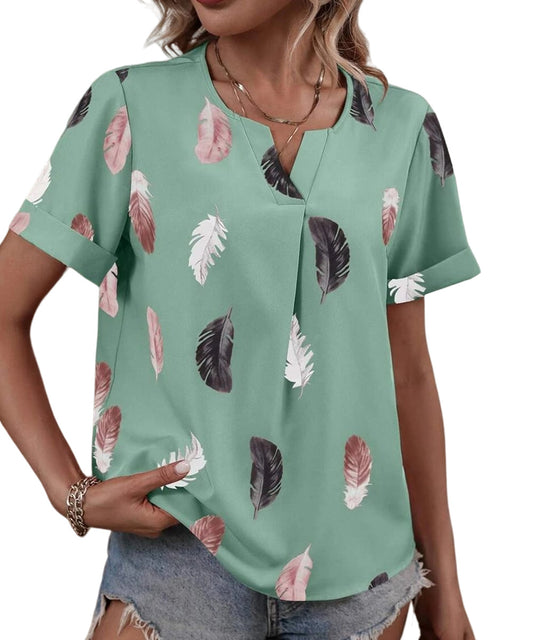 Camisa Green & Black Feather Cuffed Short-Sleeve Notch Neck Top Size L