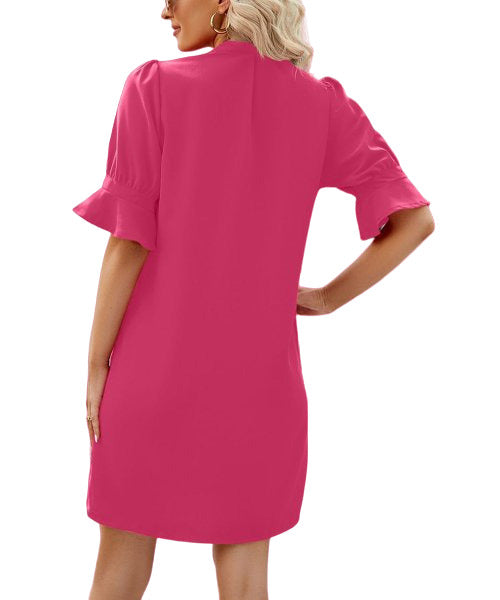 Lapentry Rose Red Notch Neck Pleat Ruffle-Cuff Shift Dress Women Size XL