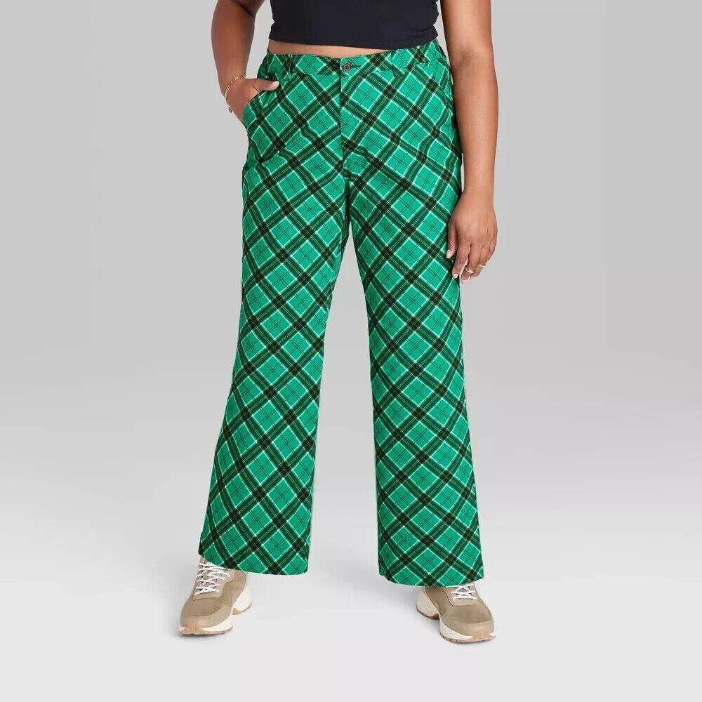 Women's Low Rise Flare Chino Pants  Wild Fable Emerald Green Plaid 8
