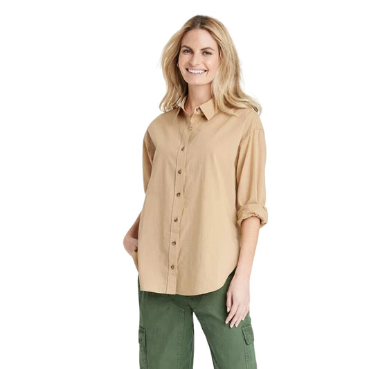 Women's Oversized Long Sleeve Button-Down Shirt - Universal Thread Tan L