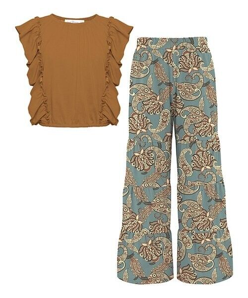 Light Brown Angel-Sleeve Top & Turquoise Floral Tiered Pants Size 16
