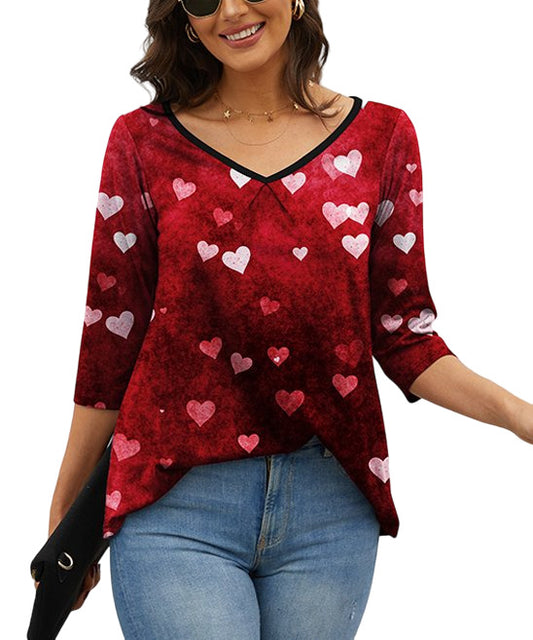 SAKURAFINA Red & Pink Hearts Three-Quarter Sleeve V-Neck Tunic Size 1X