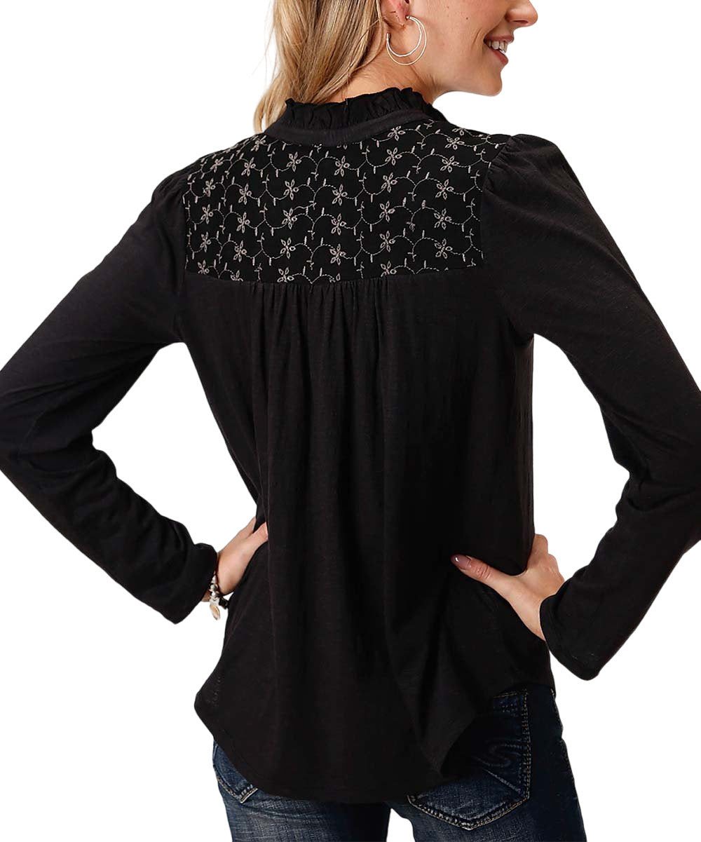 Roper Black Floral Long-Sleeve Peasant Top - Women Size M