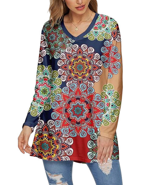 Navy & Red Mandala V-Neck Long-Sleeve Tunic Size 2X