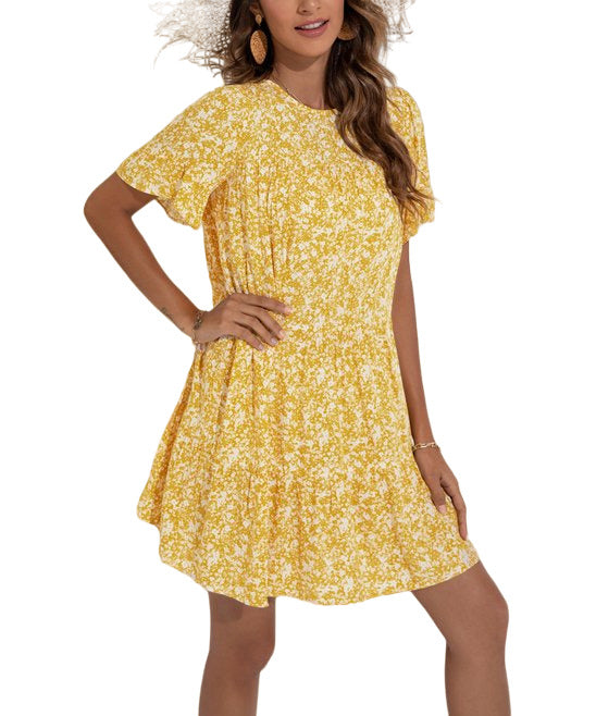 Amasoo Yellow Floral Short-Sleeve Shift Dress Size 2XL