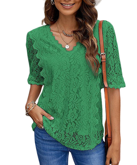 Danqi Green Floral Lace Ruffle Accent V Neck Top Size XL