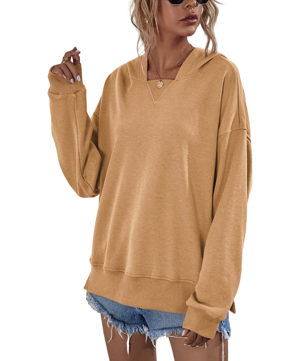 LS Camel Oversized Hooded Drop Shoulder Sweatshirt Women Size L