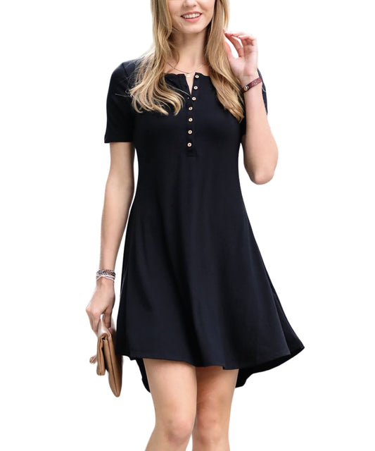 42POPS Black Button-Front Crewneck ShortSleeve ALine Dress Women Size XL