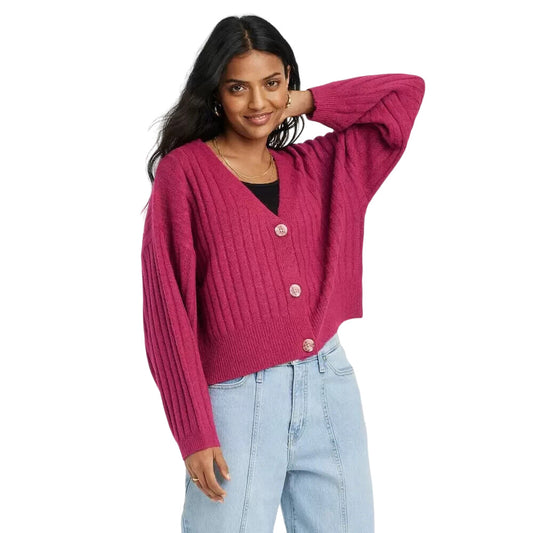 Women's Button-Front Cardigan - A New Day Magenta L, Pink