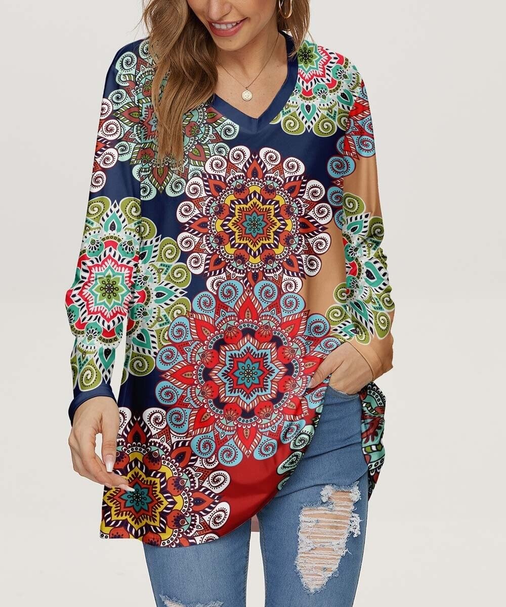 Navy & Red Mandala V-Neck Long-Sleeve Tunic Size 2X