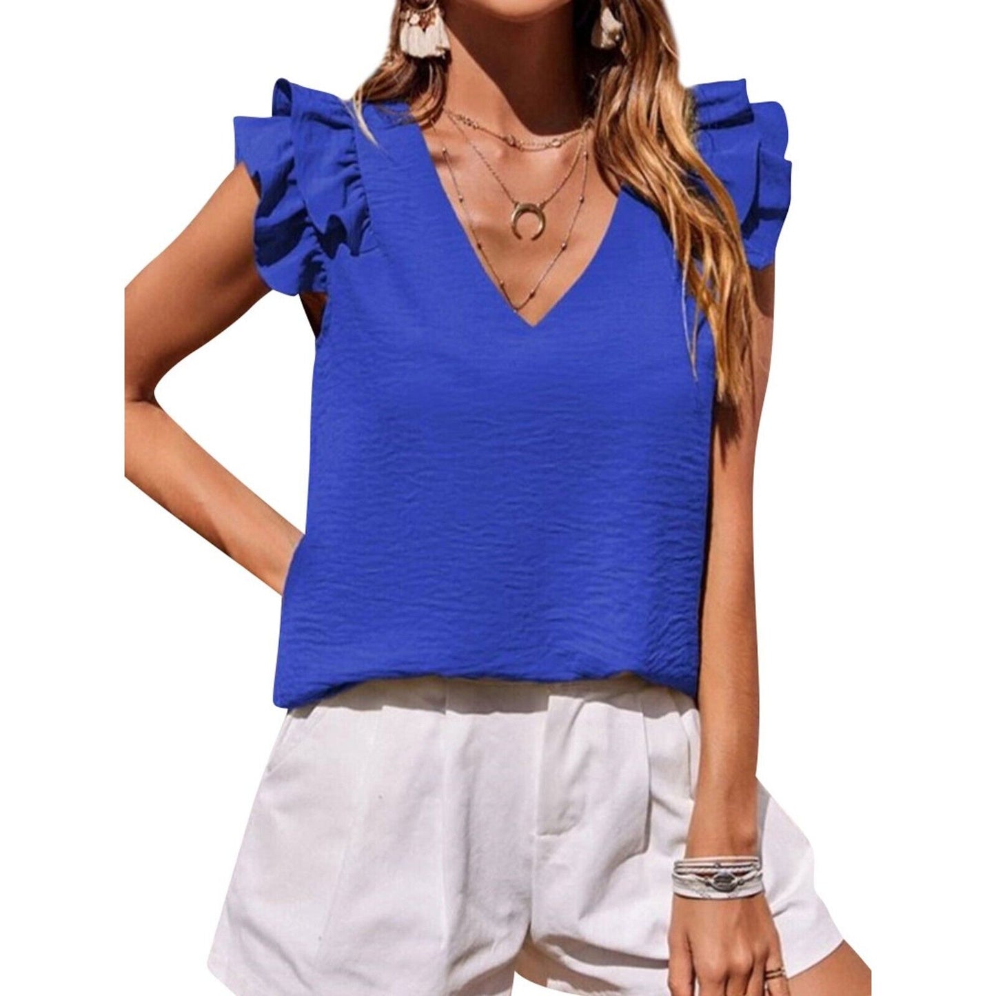 STARVNC Women V Neck Tiered Flutter Sleeve Ruffle Top Size L