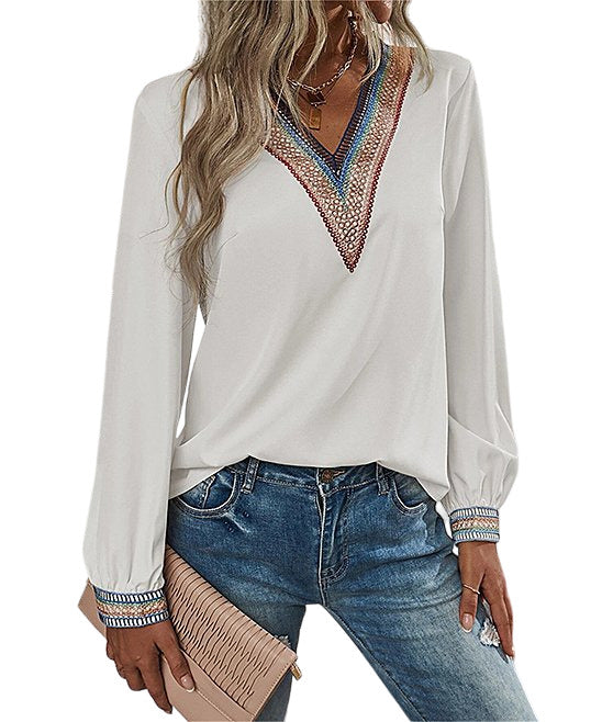 La Mode White & Blue Lace V Neck Long Sleeve Top Size L