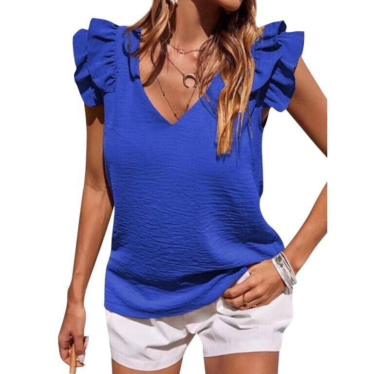 STARVNC Women V Neck Tiered Flutter Sleeve Ruffle Top Size L