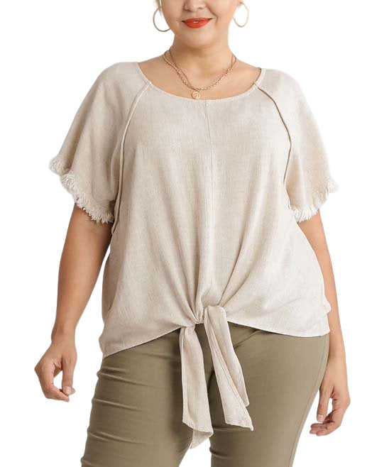 UMGEE U.S.A. Oatmeal Linen-Blend Knot-Hem Scoop Neck Top Size XL