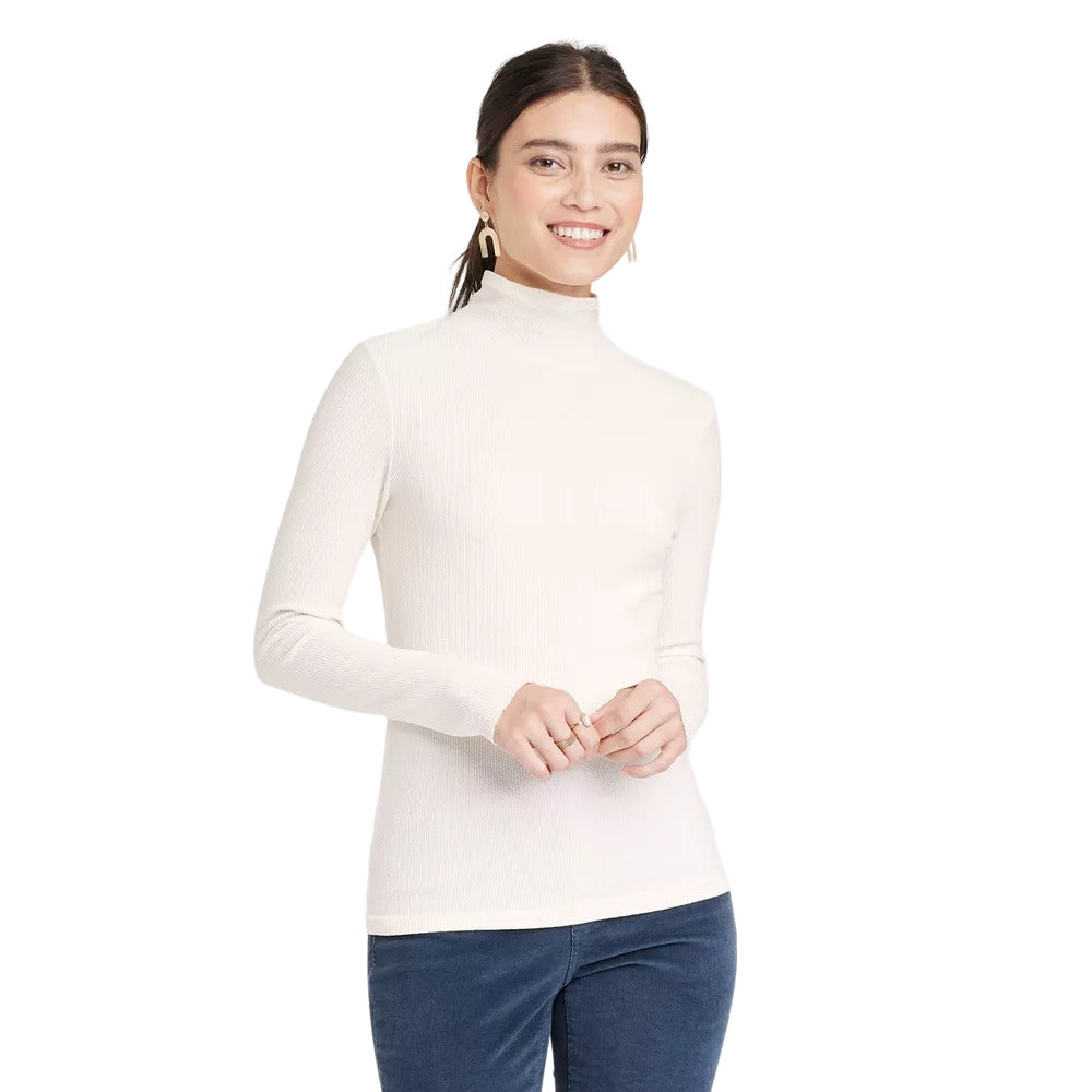 Women's Long Sleeve Waffle Knit Mock Turtleneck Slim Fit T-Shirt S