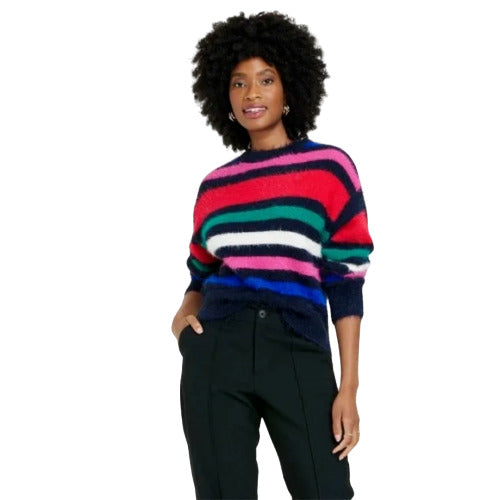 Women's Crewneck Fuzzy Pullover Sweater - A New Day Striped  Multicolor Stripe S