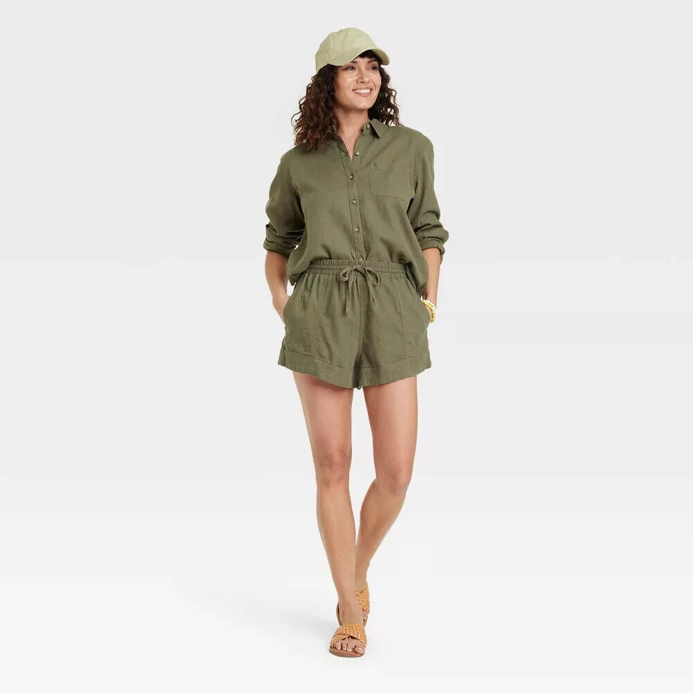 Women's High Rise Linen Pull On Shorts Universal Thread Olive Green L
