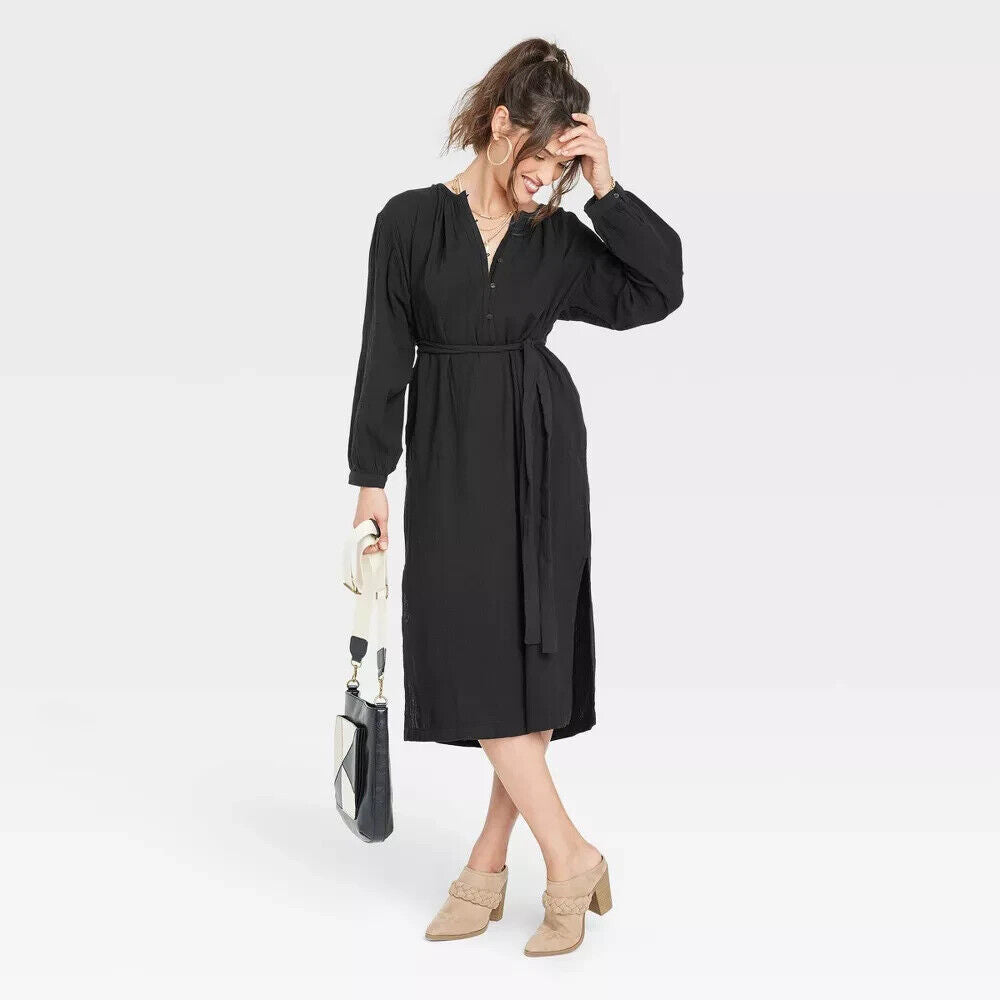 Women's Balloon Long Sleeve Tie-Front Shirtdress - Universal Thread Black XS