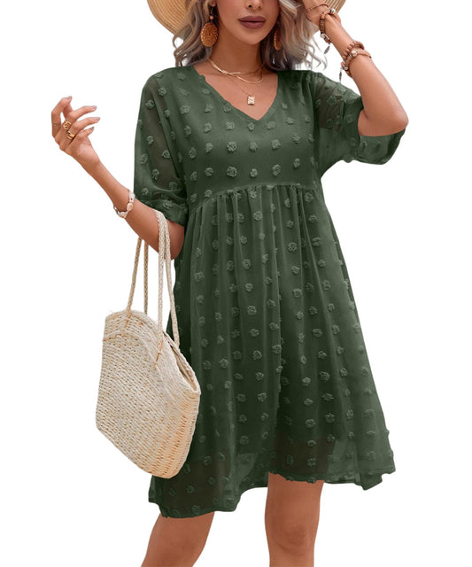 Vrkufie Army Green Polka Dot Textured Empire-Waist Dress Size XL