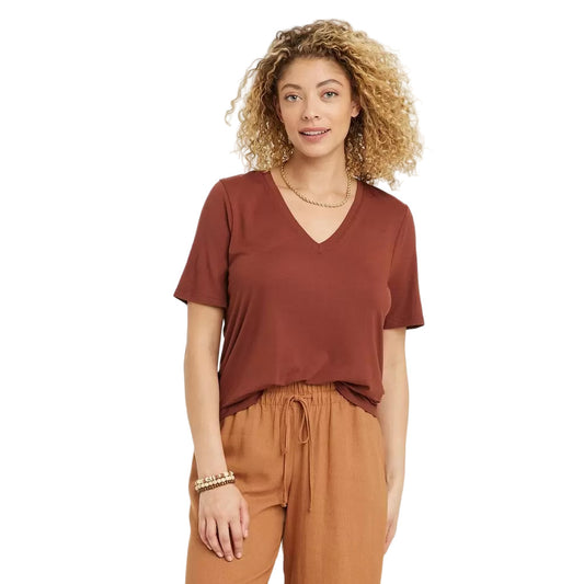 Women's Short Sleeve V Neck Drapey T-Shirt A New Day Brown XXL