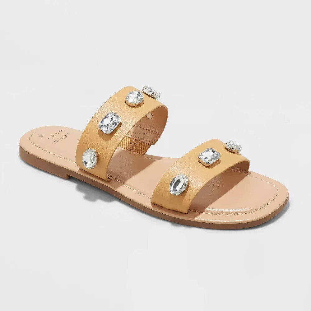Women's Brit Two Band Embellished Sandals - A New Day Tan 6