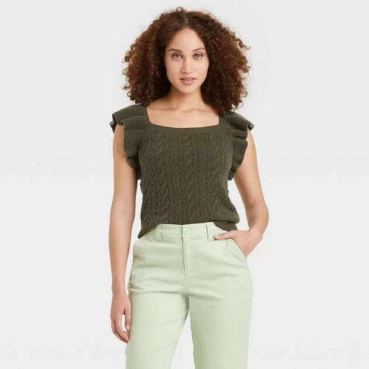 Women's Square Neck Ruffle Sweater Vest - A New Day Olive S, Green