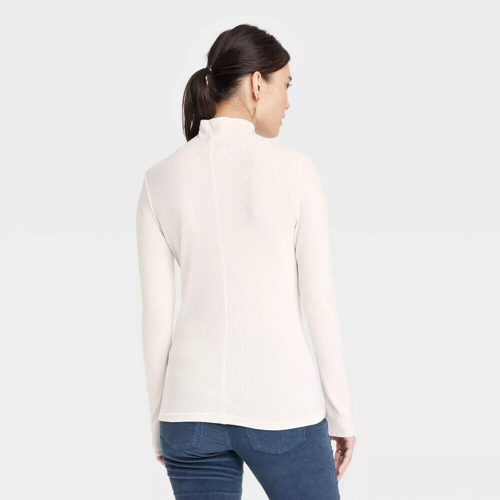 Women's Long Sleeve Waffle Knit Mock Turtleneck Slim Fit T-Shirt S