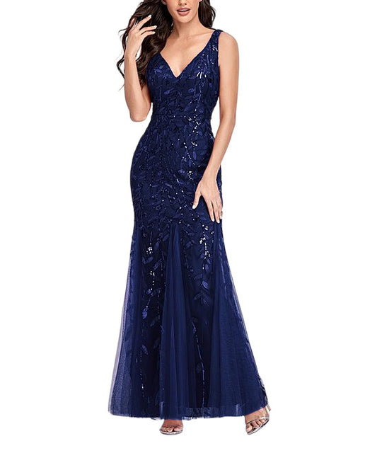 Beauty Emily  Navy Blue Leaf SequinAccent Sleeveless Mermaid Gown Women Size XXL