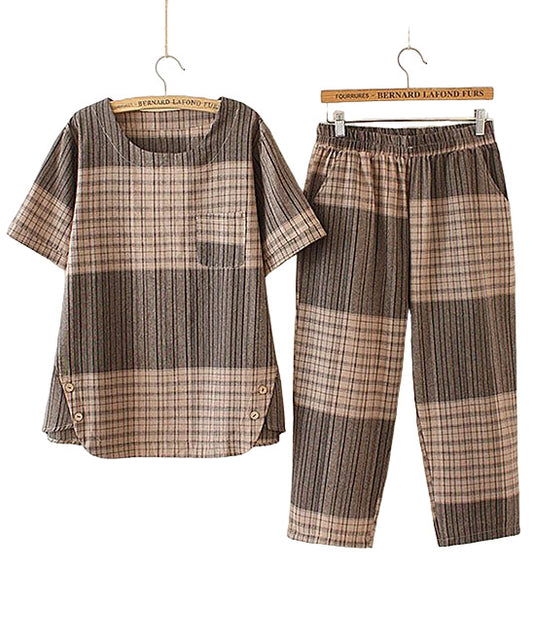 UDEAR Khaki & Coffee Plaid Short-Sleeve Top & Crop Pants XL