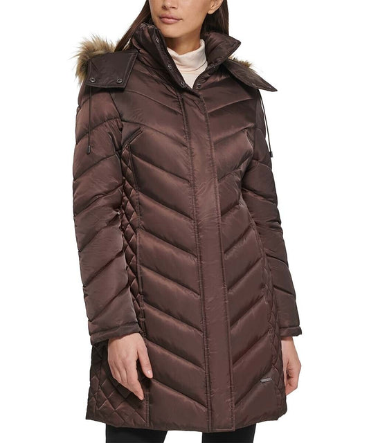 Kenneth Cole Dark Roast Faux Fur-Trim Hooded Puffer Coat Size L