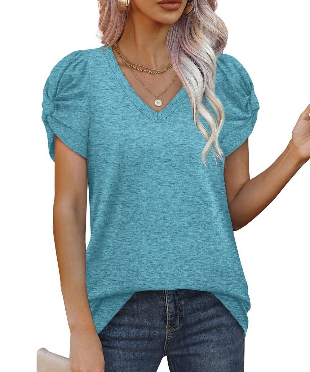 Lapentry Lake Blue Twist Accent Puff-Sleeve V Neck Tee Size M