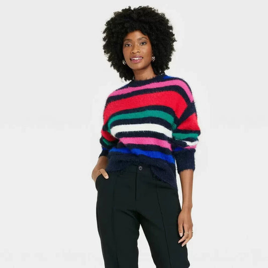 Women's Crewneck Fuzzy Pullover Sweater - A New Day Striped M  Multicolor Stripe