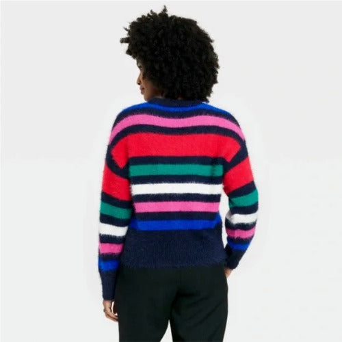 Women's Crewneck Fuzzy Pullover Sweater - A New Day Striped  Multicolor Stripe S