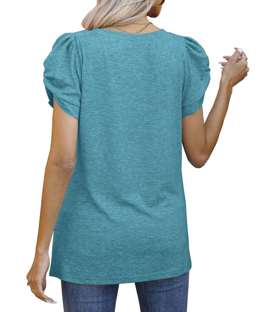 Lapentry Lake Blue Twist Accent Puff-Sleeve V Neck Tee Size M