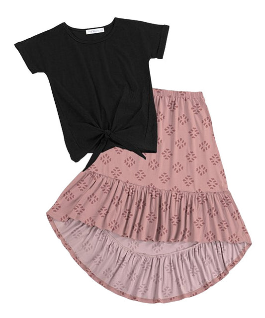 Trend Blossoms Black Knot Front Tee & Dusty Pink Geometric Hi Low Skirt Size 12