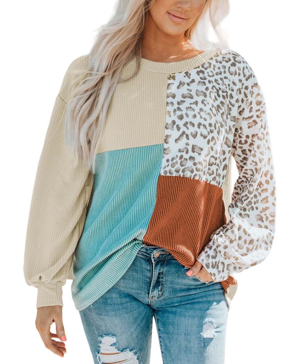 ZesicaEcru & Blue Leopard Color Block Ribbed Sweatshirt Women Size XL