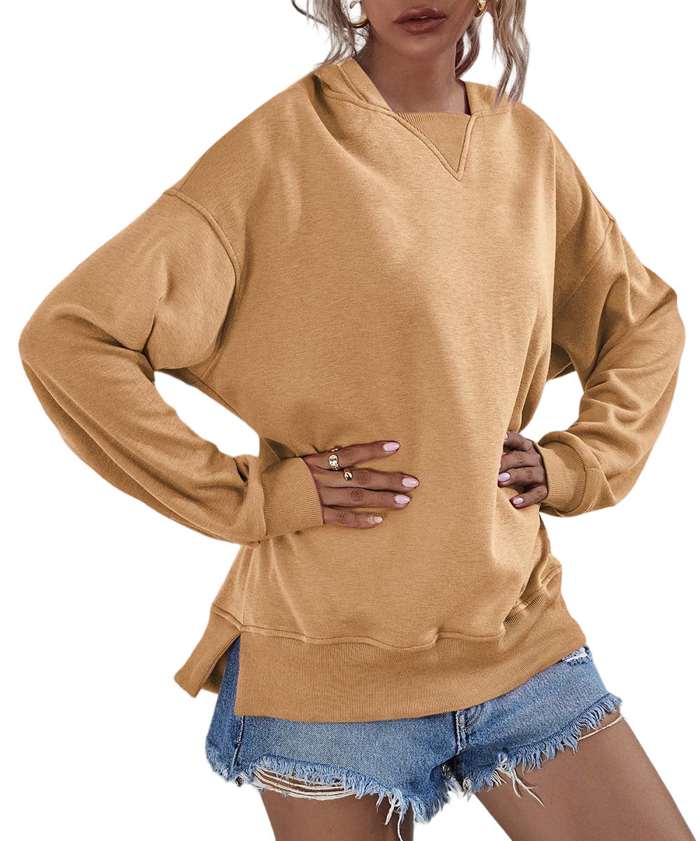 LS Camel Oversized Hooded Drop Shoulder Sweatshirt Women Size L