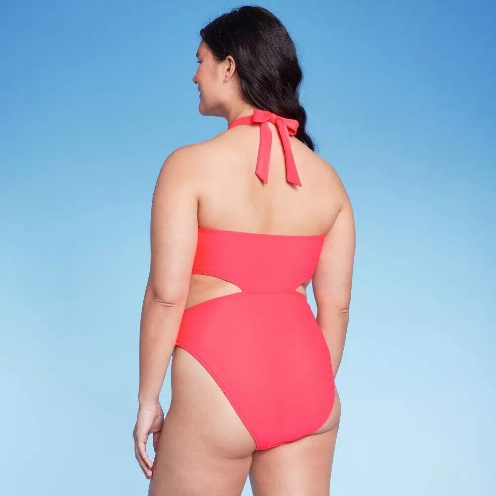 Women's Cross Front Halter One Piece Swimsuit  Wild Fable Coral S Pink