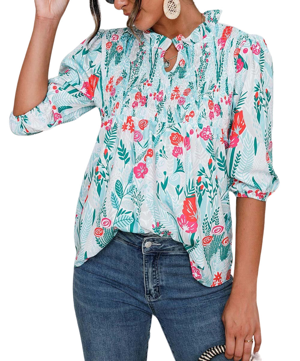Camisa Green Floral Notch Neck Top Size S