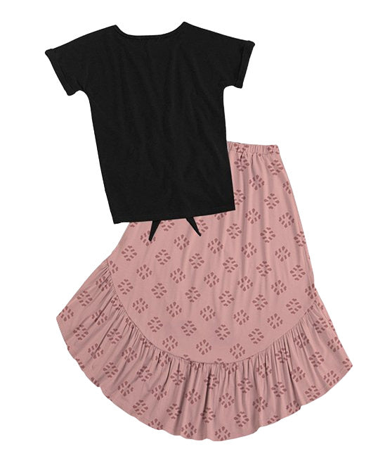 Trend Blossoms Black Knot Front Tee & Dusty Pink Geometric Hi Low Skirt Size 12