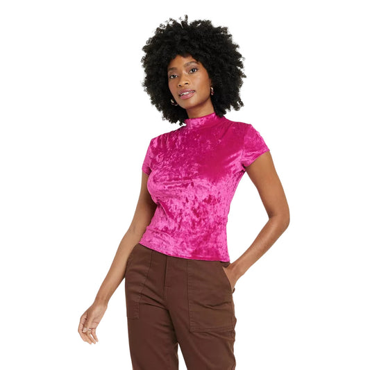 Women's Short Sleeve Slim Fit Mock Turtleneck Velvet T-Shirt - A New Day Pink L