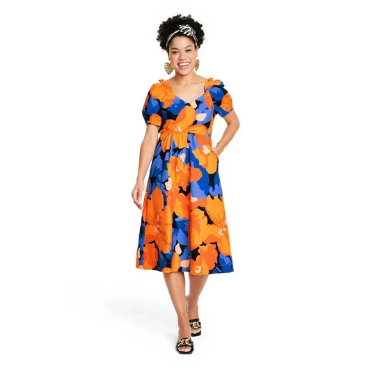 Women's Floral Print Puff Sleeve Tie-Back Midi Dress size 8