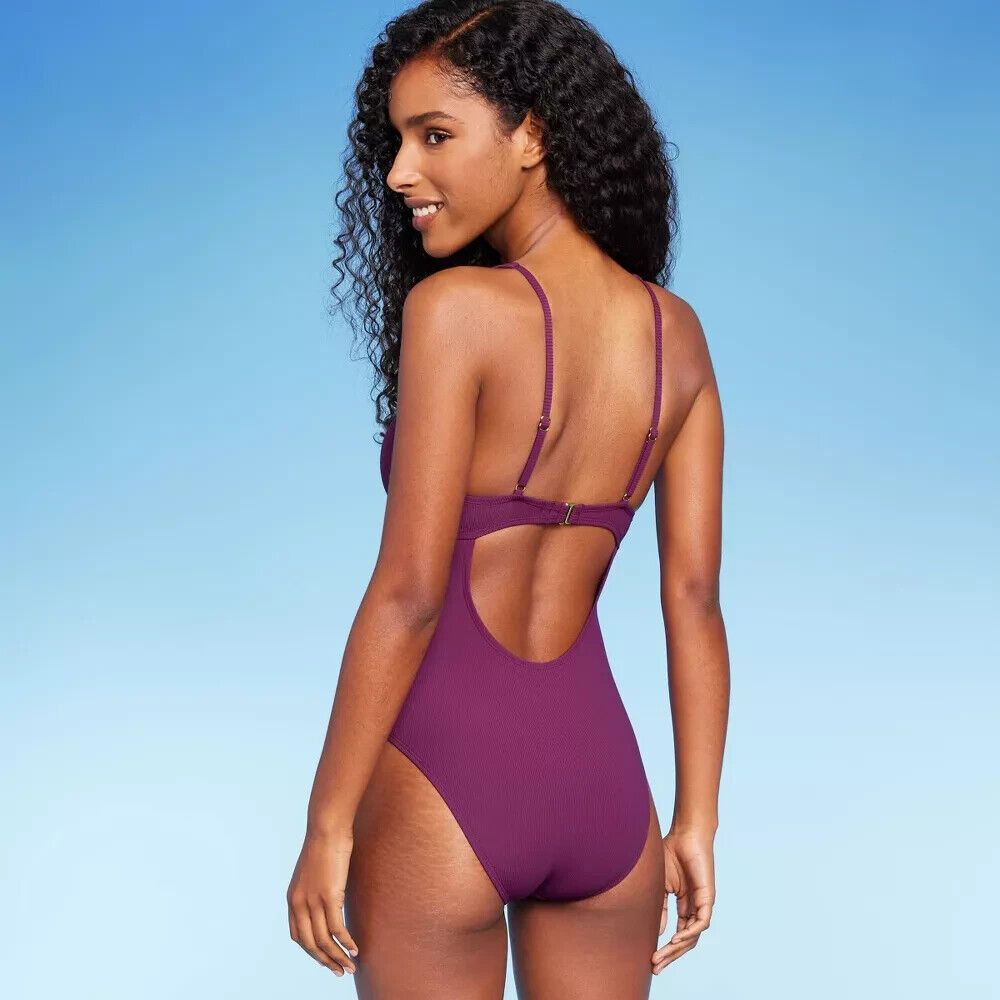 Women's Ribbed Plunge Twist-Front One Piece Swimsuit Shade & Shore Purple XL