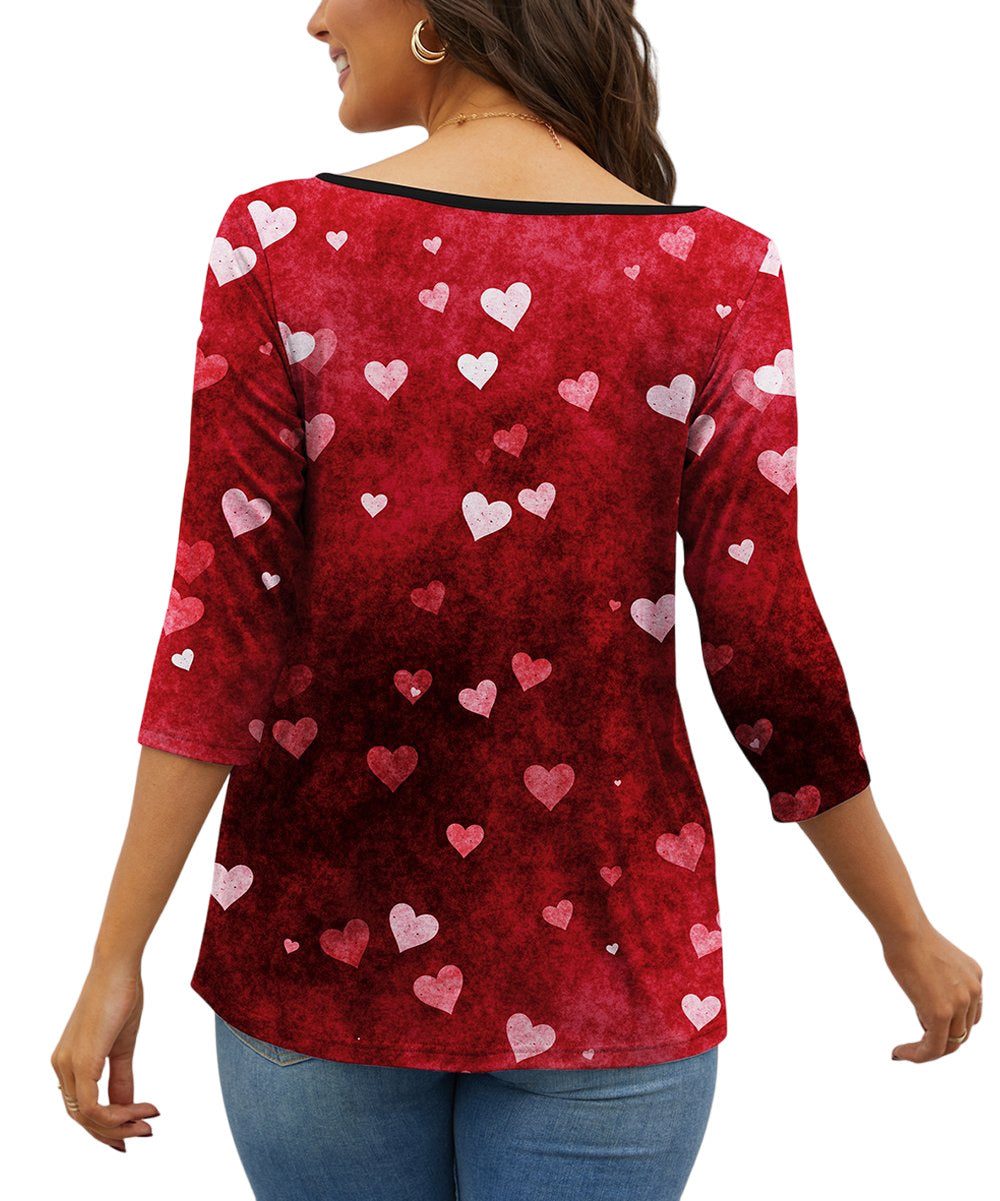 SAKURAFINA Red & Pink Hearts Three-Quarter Sleeve V-Neck Tunic Size 1X